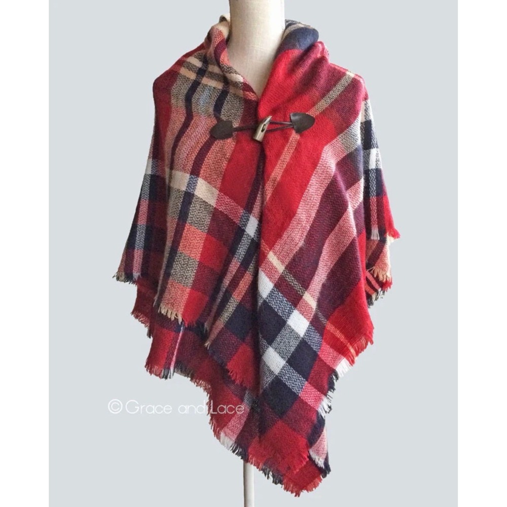 Grace & Lace Red Plaid Blanket Scarf Toggle Poncho Wrap One Size NWT